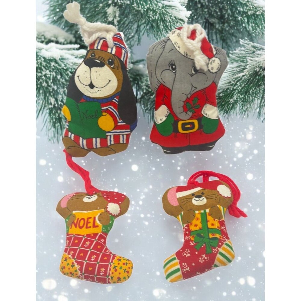 Vintage 70s Stuffed Fabric Christmas Ornaments Dog Elephant Mice Handmade Lot